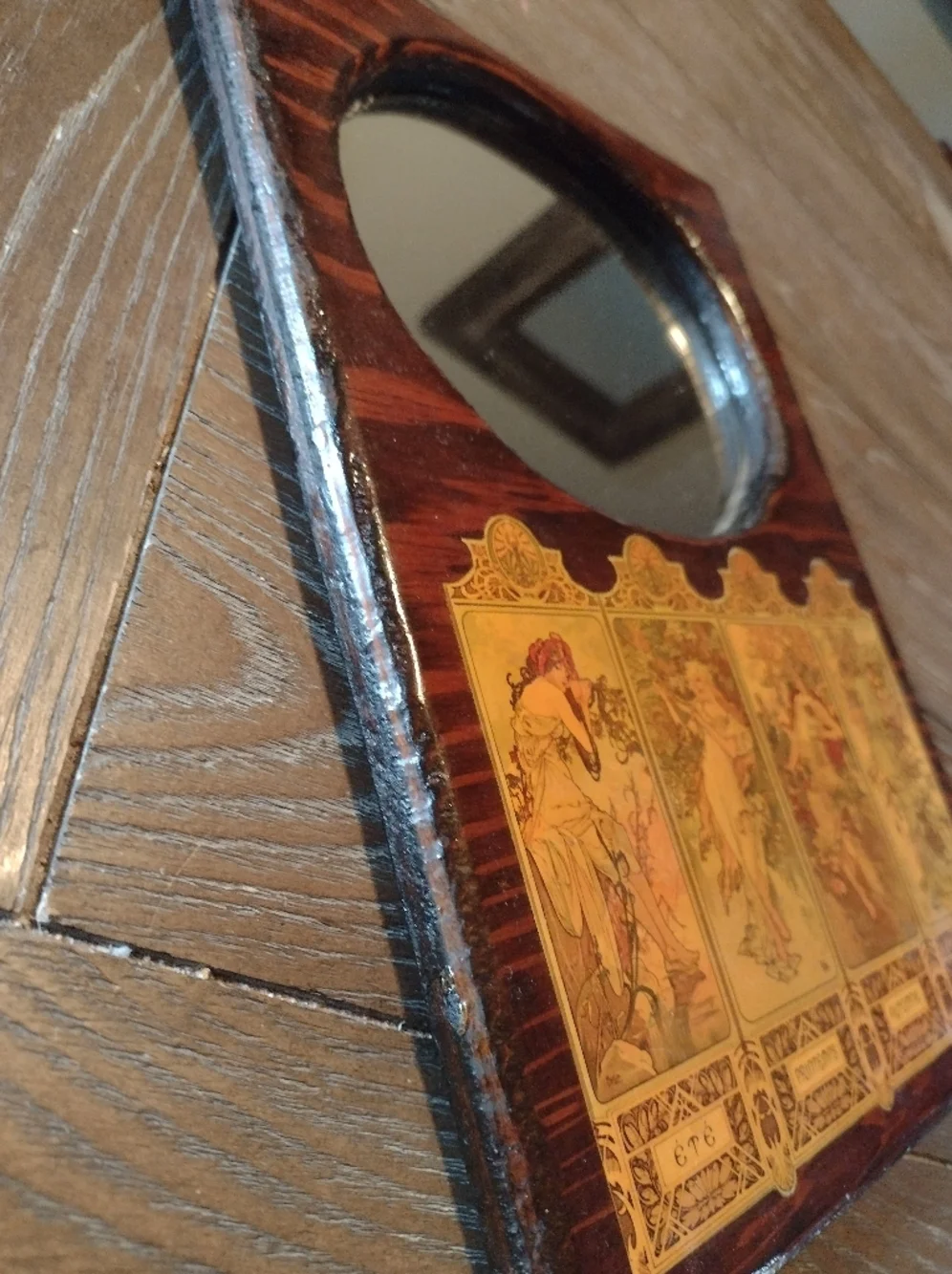 Vintage Art Nouveau Wooden Mirror with Four Seasons Panels, Handmade - Picture 5 of 11